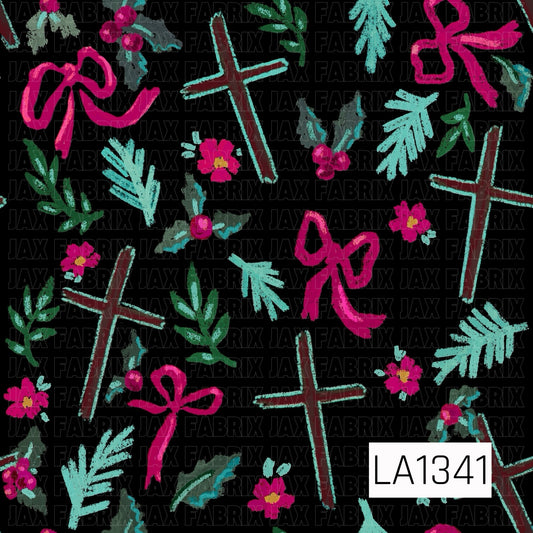 This seamless design features rustic hand-drawn crosses paired with vibrant pink bows, holly berries, small pink florals and evergreen sprigs on a black background. Teal, green, burgundy and bold pink accents give it a bright, playful faith-inspired Christmas feel.
