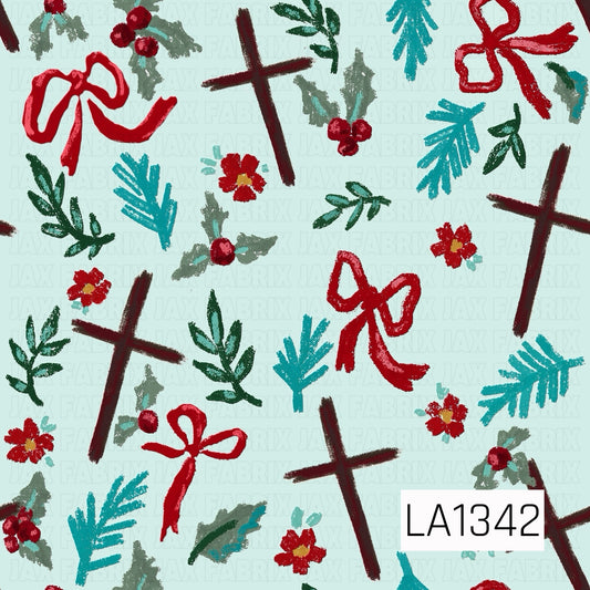This seamless design features rustic hand-drawn crosses, red bows, holly berries, small red florals and evergreen sprigs scattered across a soft icy blue background. Deep burgundy, forest green and bright teal accents give it a festive, faith-inspired Christmas feel.
