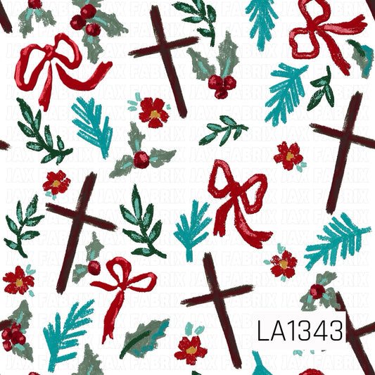 This seamless design features rustic hand-drawn crosses, red bows, holly berries, small red flowers and evergreen sprigs scattered across a crisp white background. Deep burgundy, classic red, forest green and bright teal accents create a festive, faith-inspired Christmas look.
