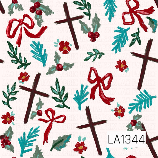 This seamless design features hand-drawn rustic crosses, red bows, holly berries, small red flowers and scattered evergreen sprigs on a soft blush pink background. Deep burgundy, red, forest green and teal accents give it a festive Christmas feel with a sweet faith-inspired touch.

