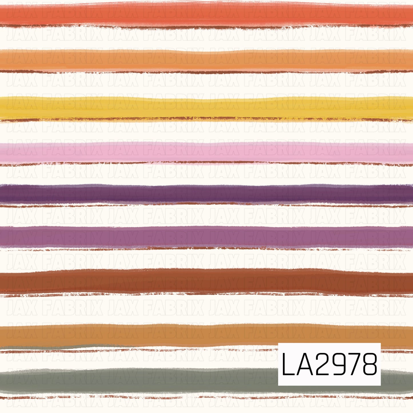 A hand-painted stripe featuring warm fall shades of coral, pumpkin orange, golden yellow, blush pink, plum, rust, mustard, and sage green. The soft watercolor brushstrokes create a playful, artistic look, making this colorful stripe a beautiful coordinating print for fall, Thanksgiving, and cozy autumn collections.
