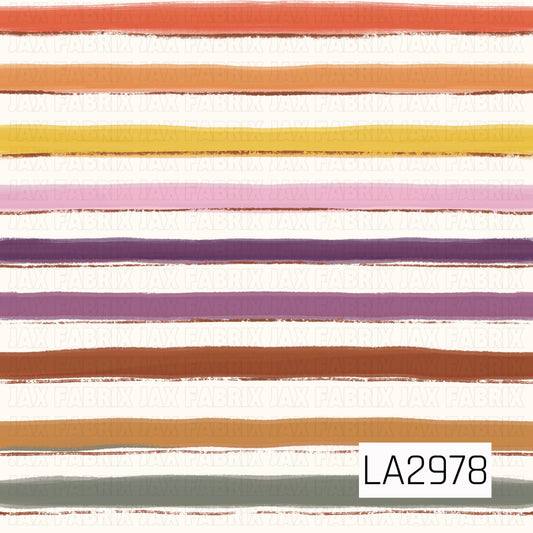 A hand-painted stripe featuring warm fall shades of coral, pumpkin orange, golden yellow, blush pink, plum, rust, mustard, and sage green. The soft watercolor brushstrokes create a playful, artistic look, making this colorful stripe a beautiful coordinating print for fall, Thanksgiving, and cozy autumn collections.
