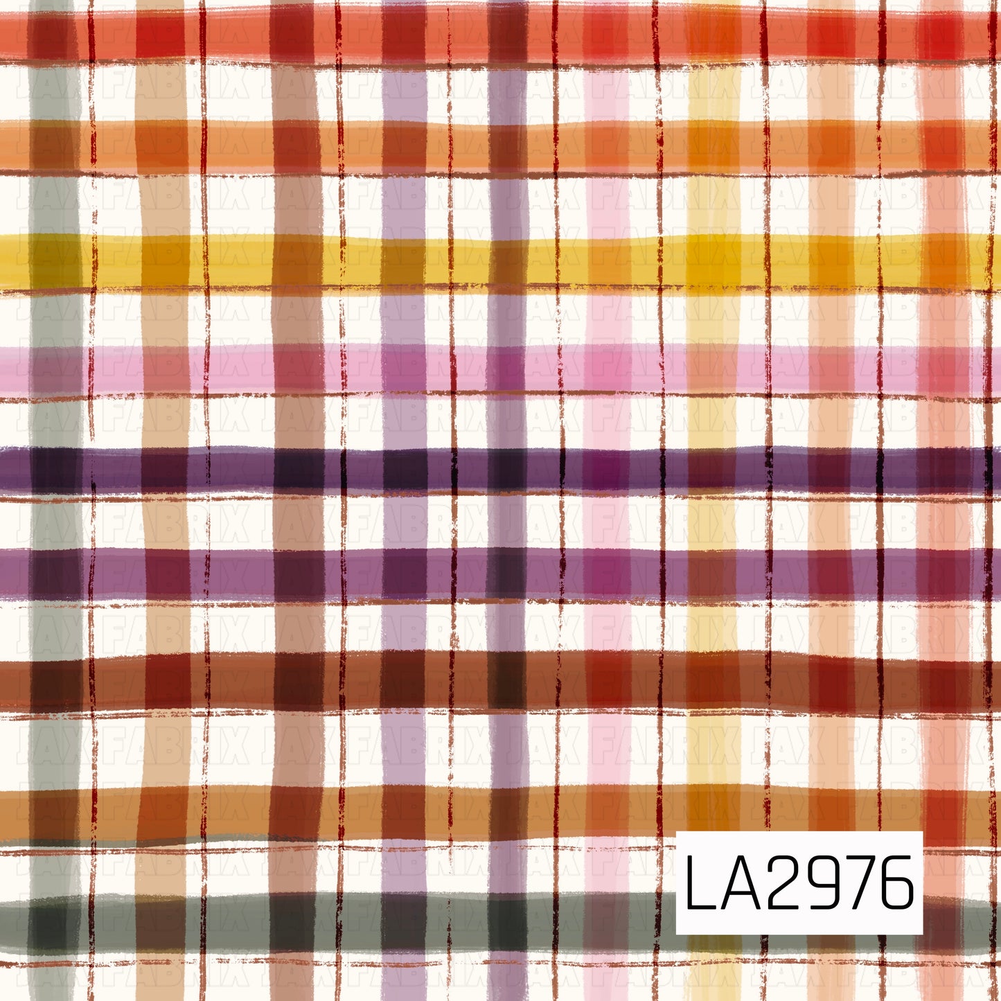A colorful hand-painted plaid featuring warm autumn shades of rust, pumpkin orange, golden yellow, plum, blush pink, sage green, and cream. The textured brushstroke effect gives this classic plaid a modern, artistic feel while blending cozy fall and Thanksgiving colors into one versatile coordinating design.
