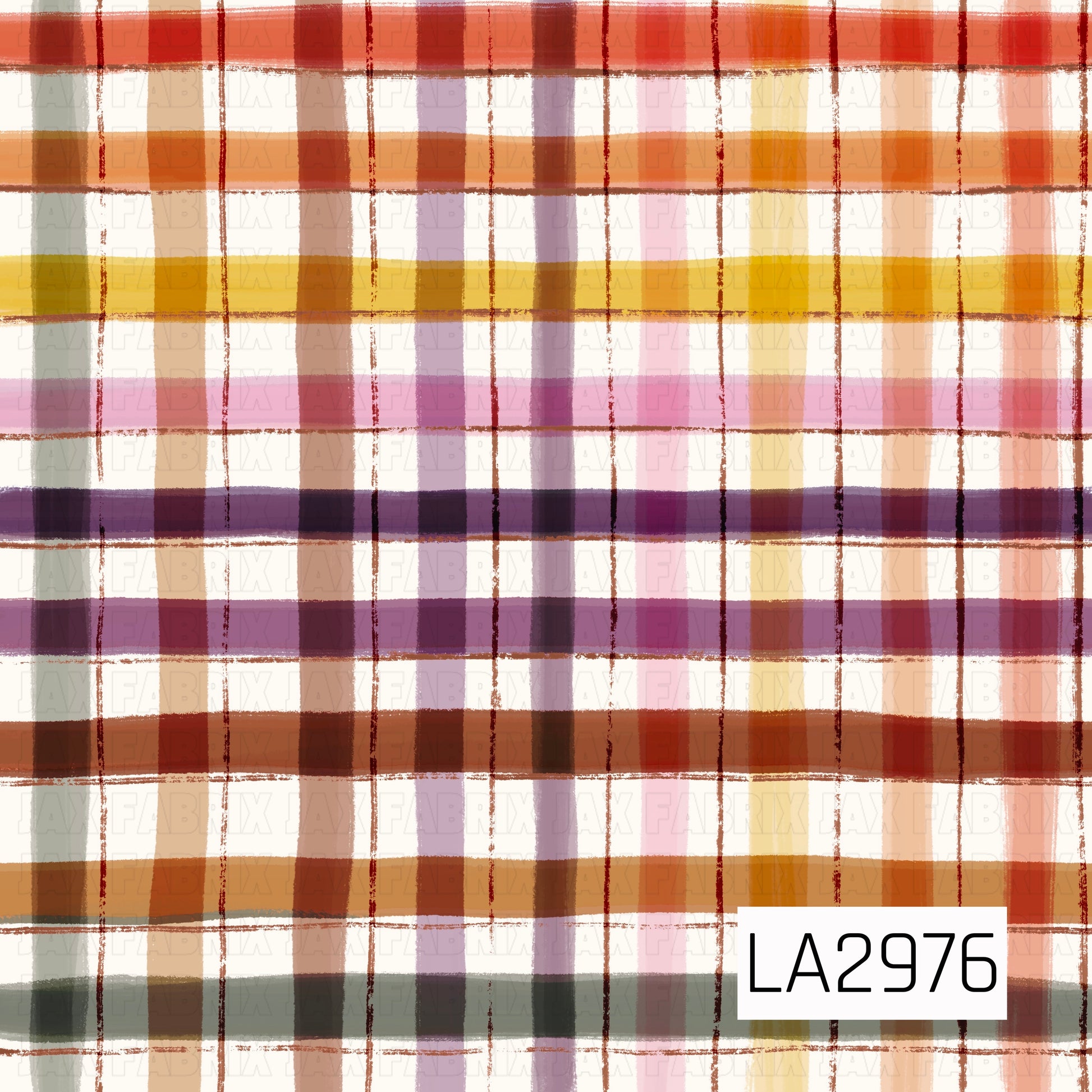 A colorful hand-painted plaid featuring warm autumn shades of rust, pumpkin orange, golden yellow, plum, blush pink, sage green, and cream. The textured brushstroke effect gives this classic plaid a modern, artistic feel while blending cozy fall and Thanksgiving colors into one versatile coordinating design.
