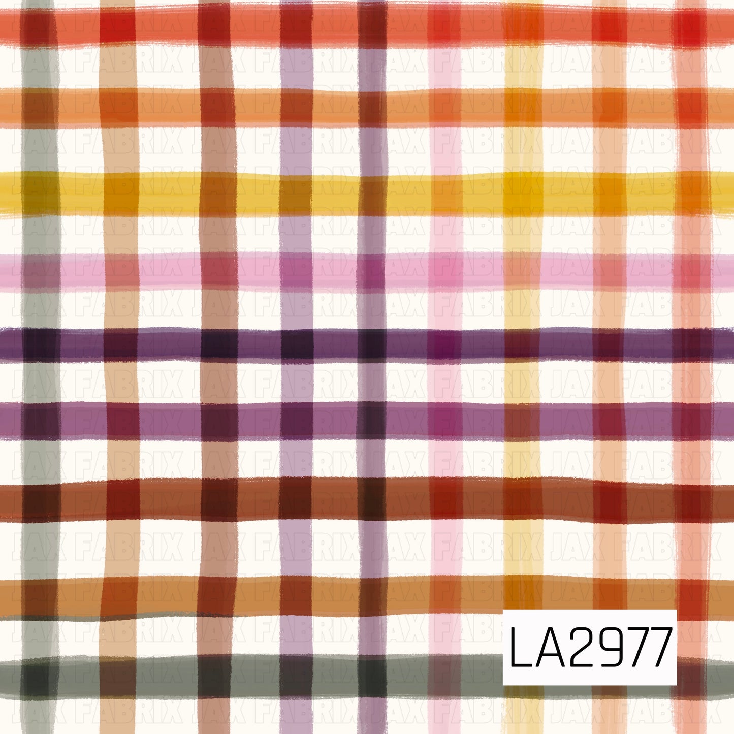 A soft watercolor plaid featuring warm autumn hues of rust, pumpkin orange, golden yellow, plum, blush pink, sage green, and cream. The painterly brushstrokes create a whimsical, handcrafted look, making this colorful plaid a beautiful coordinating print for fall, Thanksgiving, and cozy seasonal collections.
