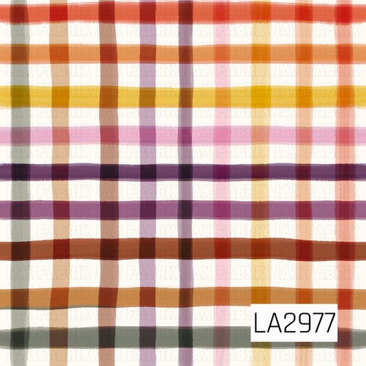 A soft watercolor plaid featuring warm autumn hues of rust, pumpkin orange, golden yellow, plum, blush pink, sage green, and cream. The painterly brushstrokes create a whimsical, handcrafted look, making this colorful plaid a beautiful coordinating print for fall, Thanksgiving, and cozy seasonal collections.
