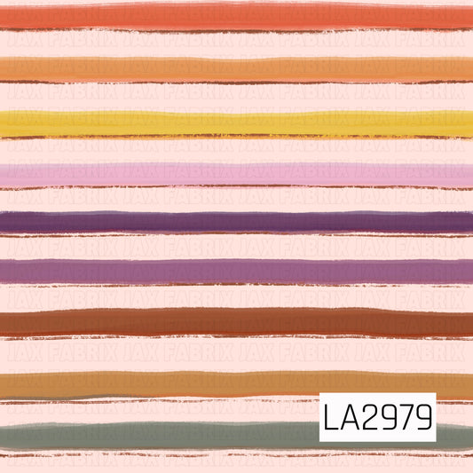A hand-painted stripe featuring warm autumn shades of coral, pumpkin orange, golden yellow, lavender, plum, rust, mustard, and soft sage green on a light blush background. The textured watercolor brushstrokes create a whimsical, artistic look, making this stripe a beautiful coordinating print for fall, Thanksgiving, and colorful autumn collections.
