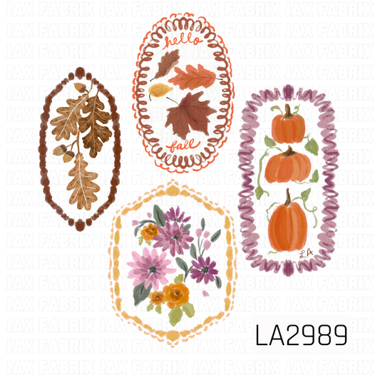 A charming fall panel featuring four hand-painted autumn-themed frames with florals, oak leaves, pumpkins, and seasonal foliage. Designed in warm shades of orange, brown, purple, and blush, this vintage-inspired panel brings cozy fall and Thanksgiving charm to any sewing or crafting project.