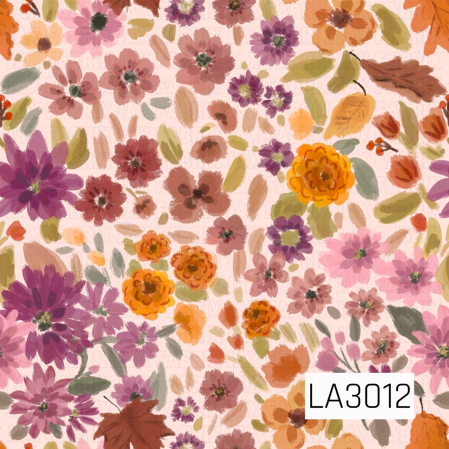 A whimsical watercolor floral featuring mauve, blush, lavender, plum, golden orange, and soft yellow blooms scattered across a soft blush pink background. Accented with sage and olive greenery and delicate autumn leaves, this painterly design has a warm, cozy feel that makes it a beautiful coordinating print for fall florals and seasonal collections.
