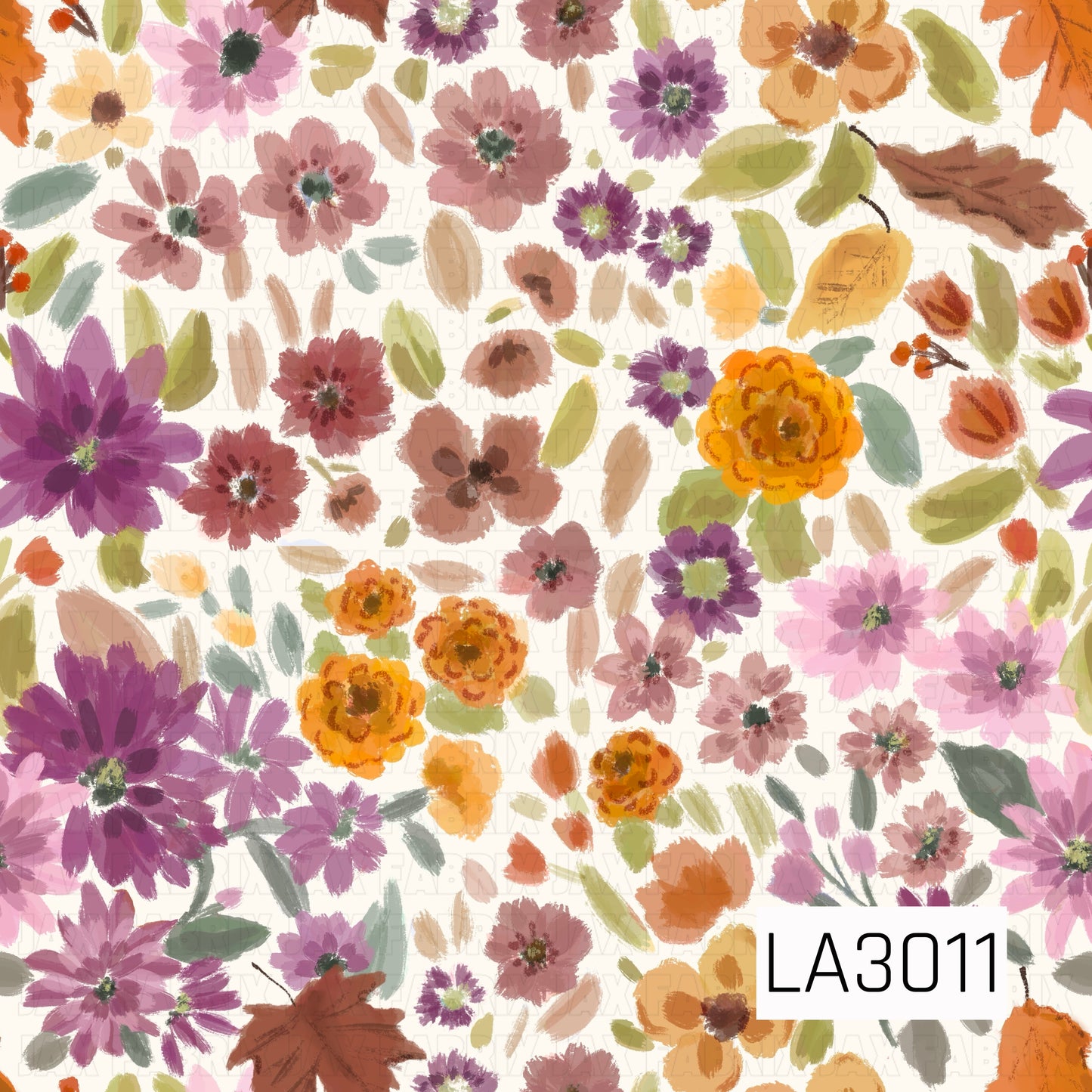 A whimsical watercolor floral featuring an abundance of mauve, blush, lavender, plum, golden orange, and soft yellow blooms scattered across a crisp white background. Accented with sage and olive greenery and delicate autumn leaves, this painterly design has a light, airy feel that's perfect for fall florals, cottage-inspired collections, and seasonal coordinates.
