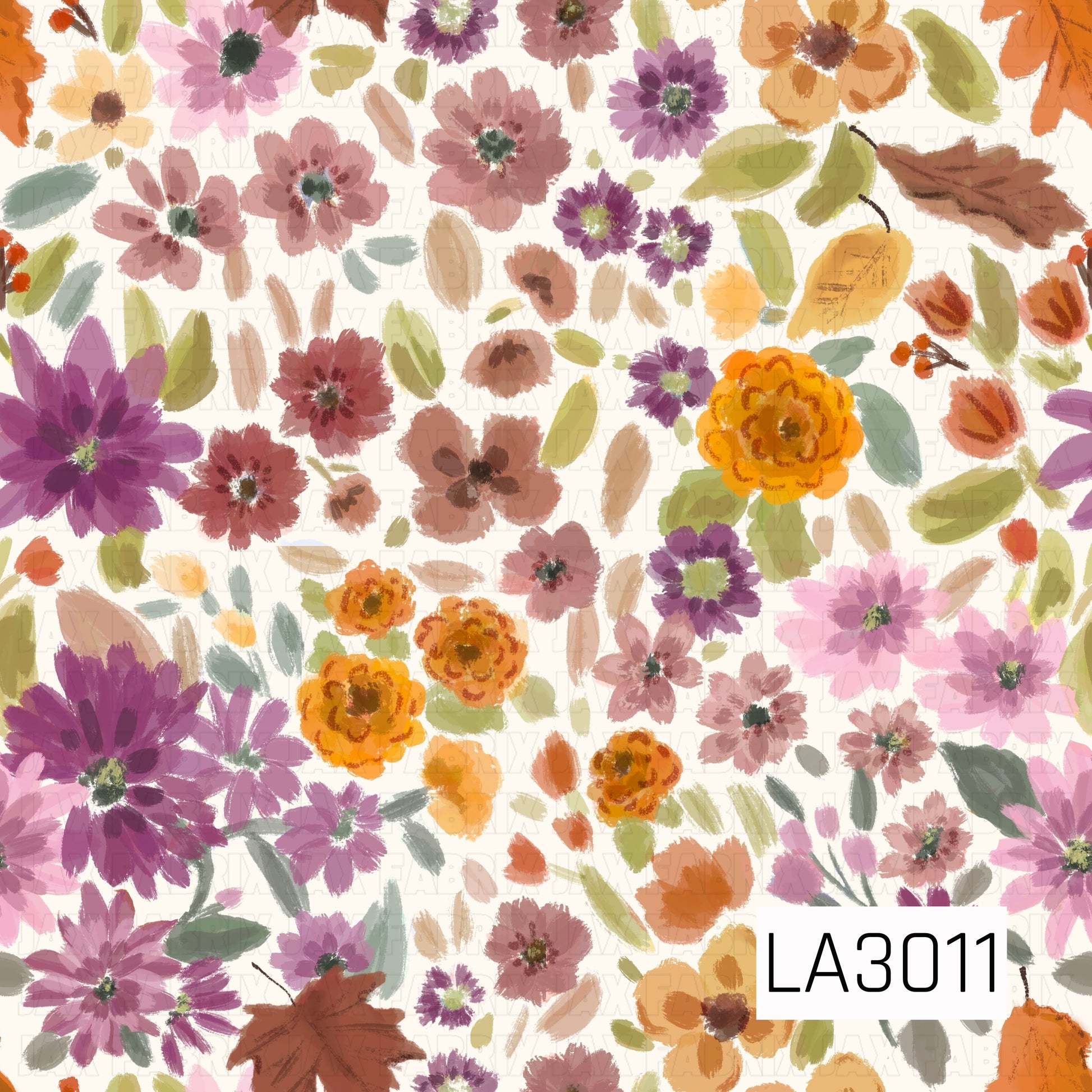 A whimsical watercolor floral featuring an abundance of mauve, blush, lavender, plum, golden orange, and soft yellow blooms scattered across a crisp white background. Accented with sage and olive greenery and delicate autumn leaves, this painterly design has a light, airy feel that's perfect for fall florals, cottage-inspired collections, and seasonal coordinates.
