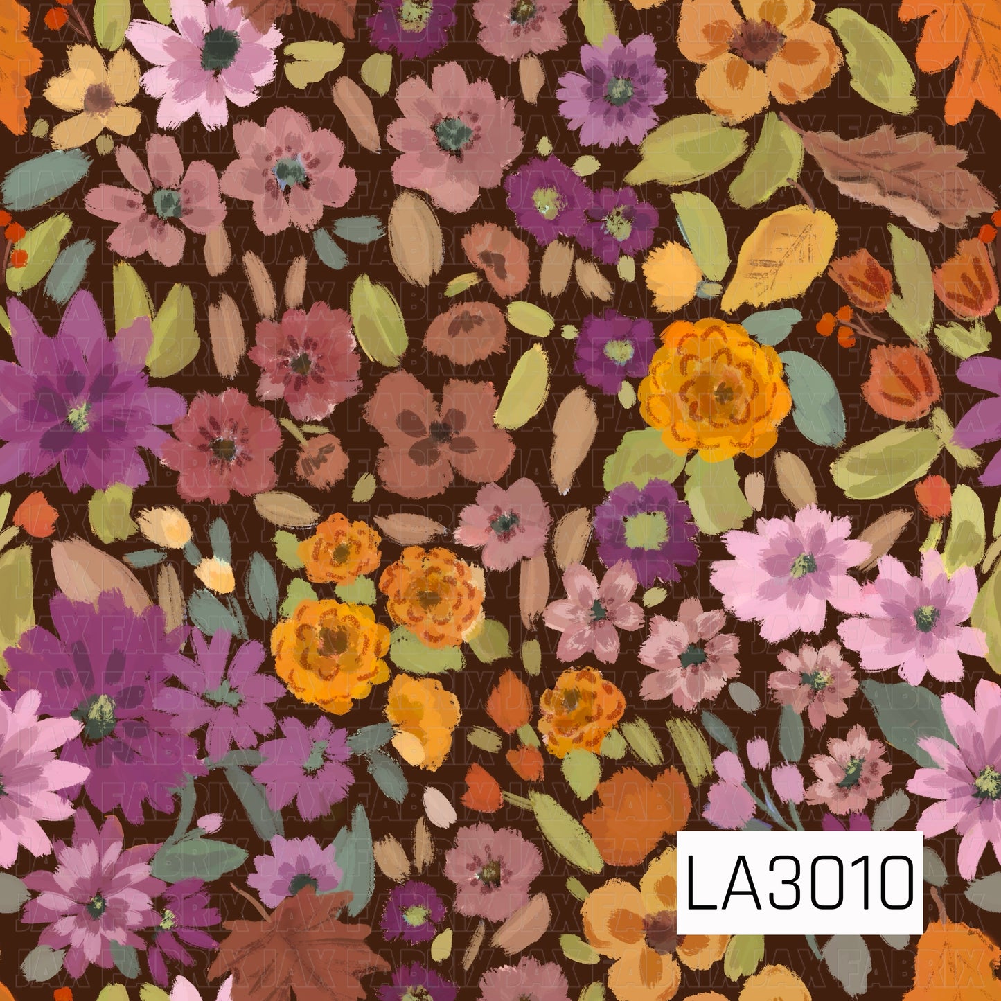 A richly layered watercolor floral featuring vibrant marigold orange, plum, mauve, blush pink, and soft lavender blooms scattered across a deep chocolate brown background. Delicate leaves in sage, olive, and muted tan add warmth and texture, creating a cozy, painterly design that's perfect for fall-inspired collections and seasonal coordinates.
