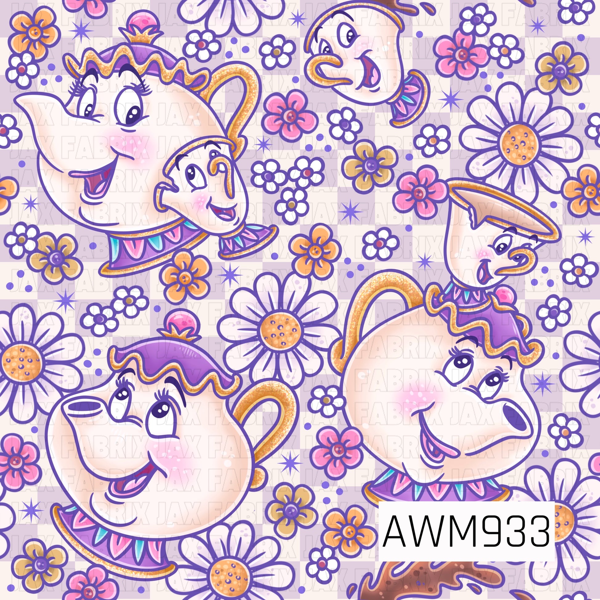 A charming fabric design inspired by a classic storybook tea party, featuring whimsical teacups, teapots, and smiling teacup characters surrounded by delicate daisies and colorful flowers. Soft shades of lavender, pink, white, and gold create a sweet vintage feel, while scattered floral accents add playful detail throughout this enchanting all-over print. Perfect for quilting, apparel, bows, accessories, and other sewing projects.
