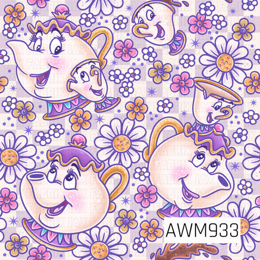 A charming fabric design inspired by a classic storybook tea party, featuring whimsical teacups, teapots, and smiling teacup characters surrounded by delicate daisies and colorful flowers. Soft shades of lavender, pink, white, and gold create a sweet vintage feel, while scattered floral accents add playful detail throughout this enchanting all-over print. Perfect for quilting, apparel, bows, accessories, and other sewing projects.
