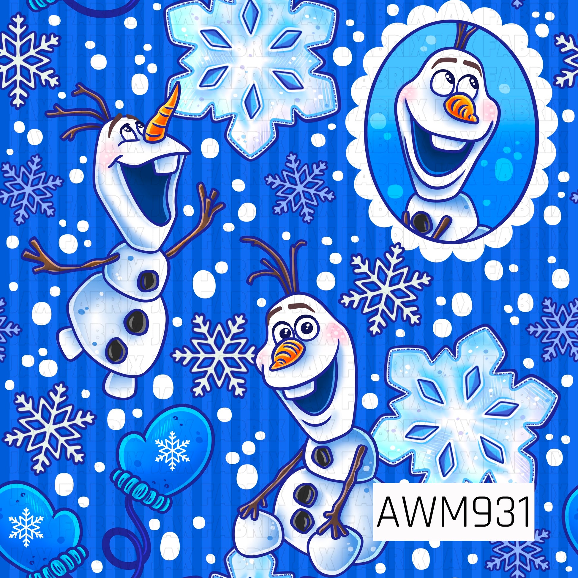 A cheerful winter  design featuring playful snowman characters with bright carrot noses, surrounded by sparkling snowflakes, falling snow, and winter-themed accents on a vibrant blue background. Shades of icy blue, white, and navy create a frosty seasonal feel, making this fun all-over print perfect for quilting cotton, faux leather, bows, apparel, accessories, and holiday sewing projects.
