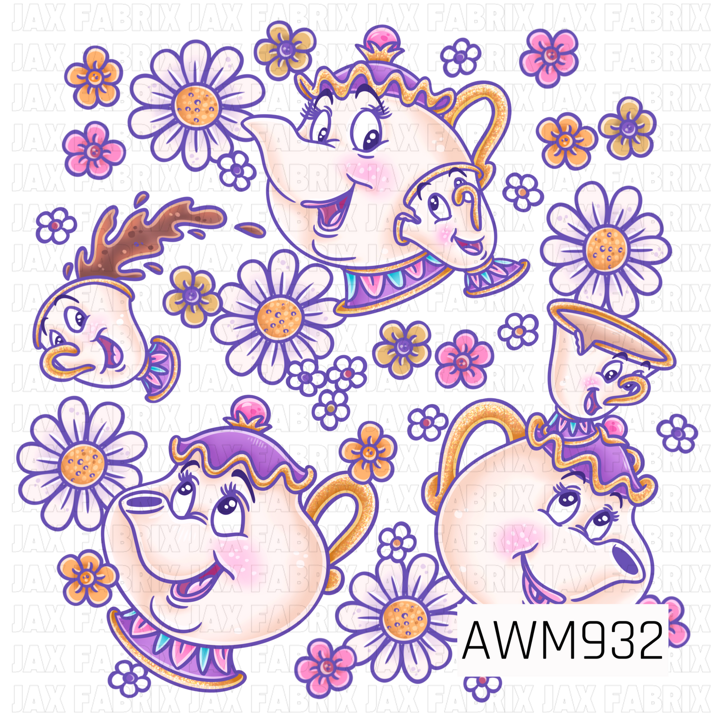 A whimsical sublimation design inspired by a classic storybook tea party, featuring charming teapots, teacups, and playful character details surrounded by daisy blooms and delicate floral accents. Soft shades of lavender, pink, white, and gold create a sweet vintage feel, while the scattered flowers add cheerful detail throughout. Perfect for quilting cotton, faux leather, bows, bags, accessories, and other sewing projects.
