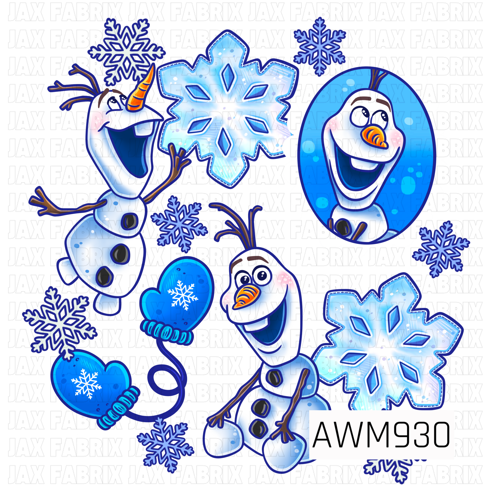 A playful winter sublimation design featuring cheerful snowman characters, sparkling snowflakes, cozy mittens, and falling snow scattered across a bold black background. Cool shades of icy blue, white, and navy create a frosty seasonal look, while the whimsical character details add festive charm. Perfect for quilting cotton, faux leather, bows, apparel, accessories, and holiday sewing projects.
