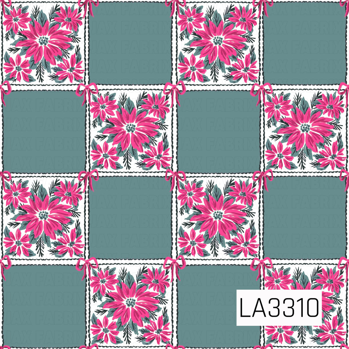 A festive Christmas patchwork pattern featuring bright pink poinsettias, evergreen sprigs and leafy accents mixed with muted teal green squares. Pink bows decorate the corners of each block, giving the design a sweet, preppy and vintage-inspired holiday feel.
