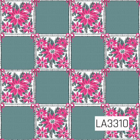A festive Christmas patchwork pattern featuring bright pink poinsettias, evergreen sprigs and leafy accents mixed with muted teal green squares. Pink bows decorate the corners of each block, giving the design a sweet, preppy and vintage-inspired holiday feel.
