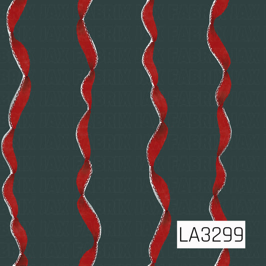 A festive Christmas pattern featuring twisting red ribbon arranged in vertical rows against a deep muted green background. The classic red and green color palette gives the design a simple, vintage-inspired holiday feel.
