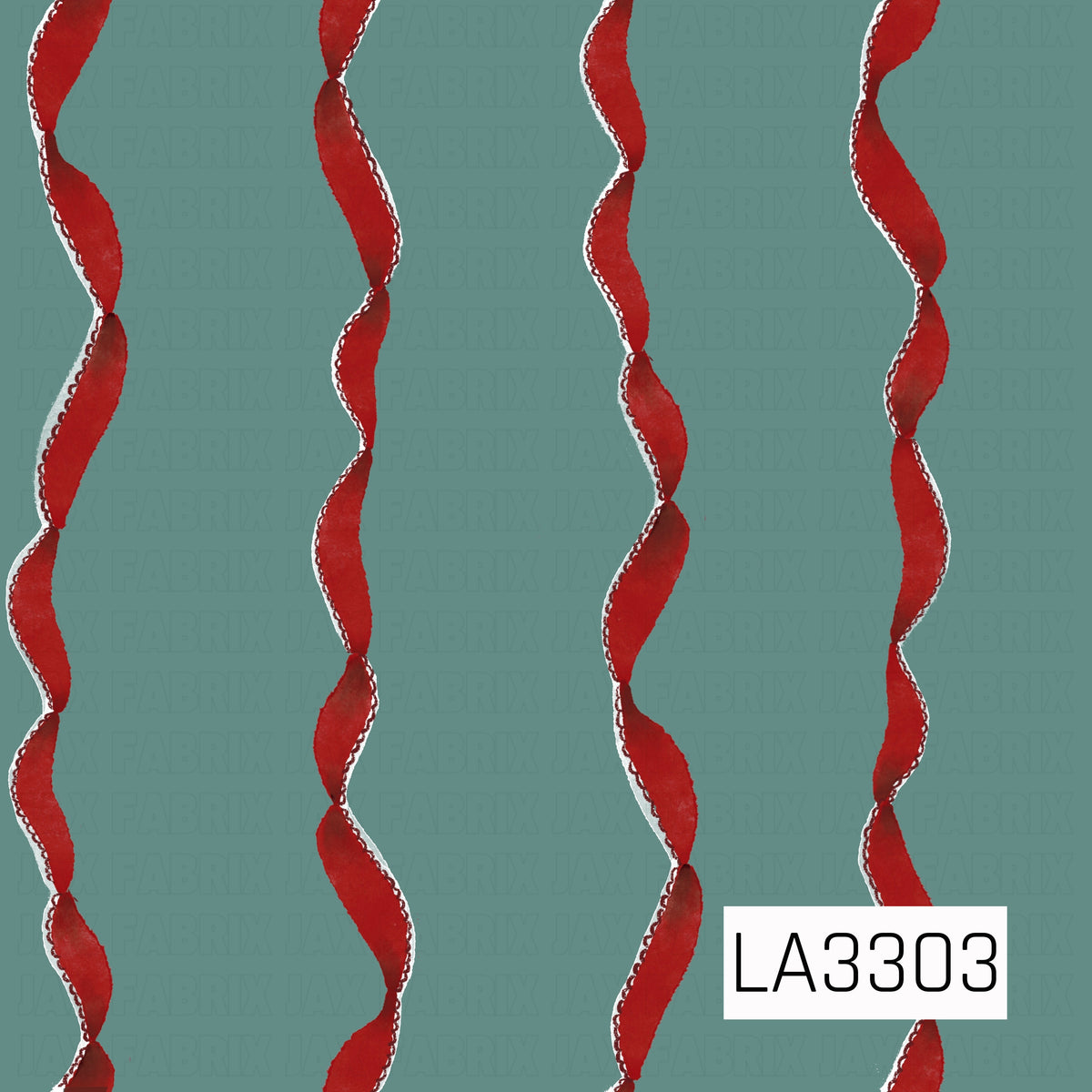A festive Christmas pattern featuring twisting red ribbons arranged in vertical rows against a soft sage green background. The classic red paired with the muted green creates a charming, vintage-inspired holiday look.
