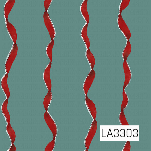 A festive Christmas pattern featuring twisting red ribbons arranged in vertical rows against a soft sage green background. The classic red paired with the muted green creates a charming, vintage-inspired holiday look.
