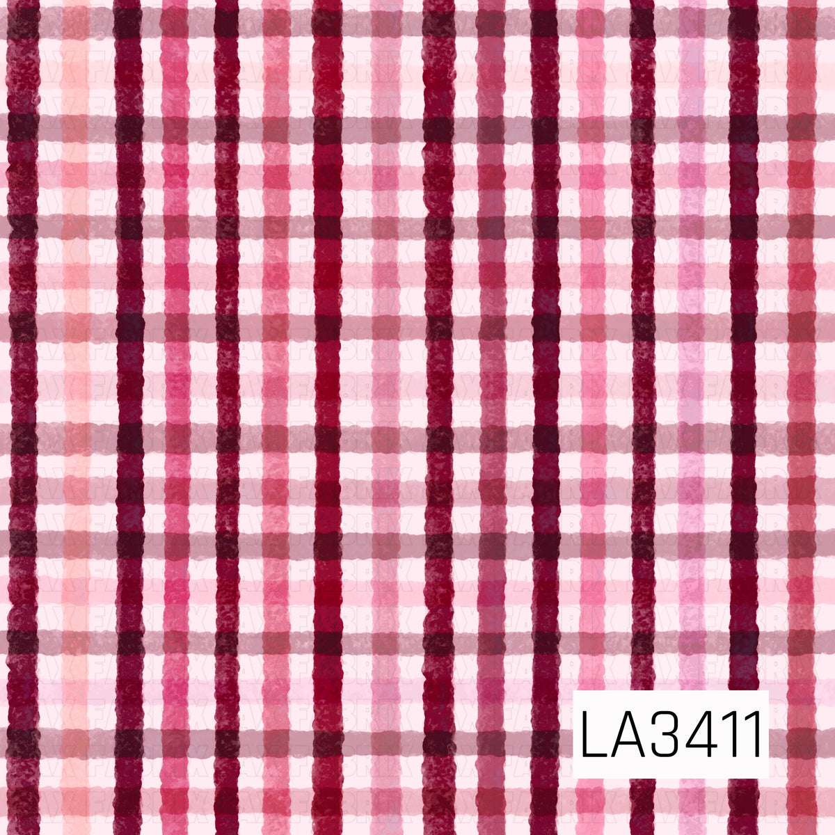 A rich watercolor plaid design featuring overlapping horizontal and vertical stripes in shades of deep burgundy, wine red, raspberry pink, dusty rose, and soft blush. The bold, darker stripes contrast beautifully against the pale pink and white background, while the slightly uneven, hand-painted edges create a soft, textured look with a cozy, rustic charm.