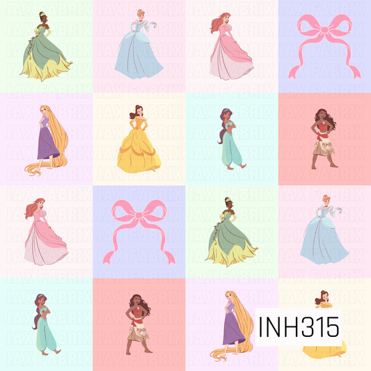 A charming patchwork design featuring beloved princesses and pink ribbon bows arranged in soft pastel blocks of lavender, blush, mint, blue, and cream. This whimsical fairytale pattern blends royal elegance with sweet, playful colors for a magical storybook-inspired look.
