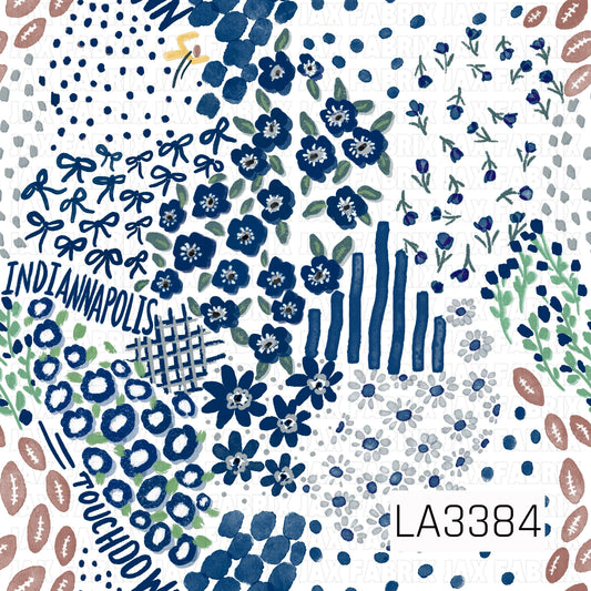 A classic Indianapolis football-inspired print featuring deep navy, crisp white, and soft gray with touches of green. Hand-painted florals, bows, footballs, scattered dots, stripes, plaid accents, and “Indianapolis” and “Touchdown” lettering create a playful, artsy game day design.
