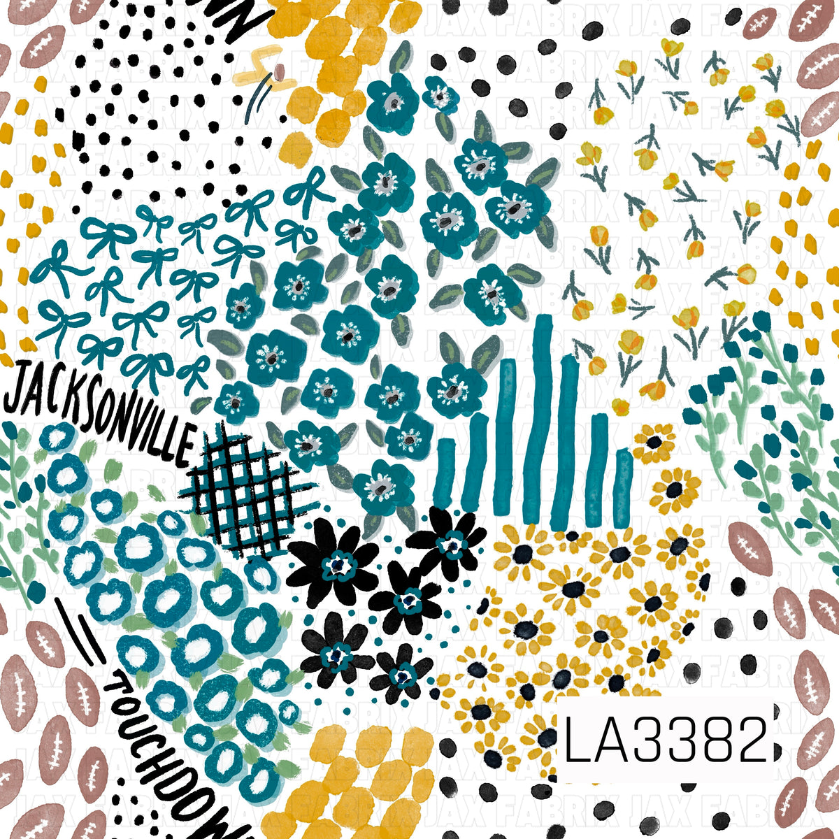 A playful Jacksonville football-inspired print featuring bold teal, black, and golden yellow on a crisp white background. Hand-painted florals, bows, footballs, scattered dots, stripes, plaid accents, and “Jacksonville” and “Touchdown” lettering come together for a fun, artsy game day design.
