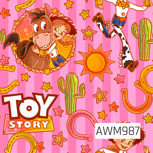 A bright and playful western-inspired toy pattern featuring a cowgirl character, her horse, cacti, horseshoes, stars, sunshine motifs, and toy-themed logos scattered across a vibrant pink striped background. The design combines cheerful shades of pink, orange, yellow, and green with classic western elements, creating a fun, energetic, and adventurous look. Perfect for fans of toy-inspired stories, cowgirl adventures, and colorful western themes.
