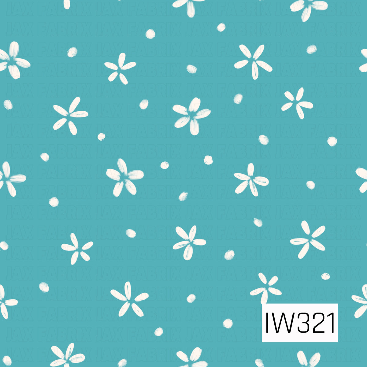 A playful floral pattern featuring scattered ivory five-petal daisies and tiny hand-painted dots on a bright turquoise blue background. The soft brushstroke details give this simple design a sweet, whimsical feel.