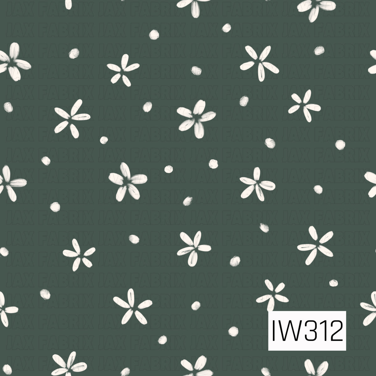 A charming scattered floral pattern featuring hand-painted ivory five-petal flowers and softly textured dots against a muted forest green background. The simple, whimsical design has a cozy vintage feel.