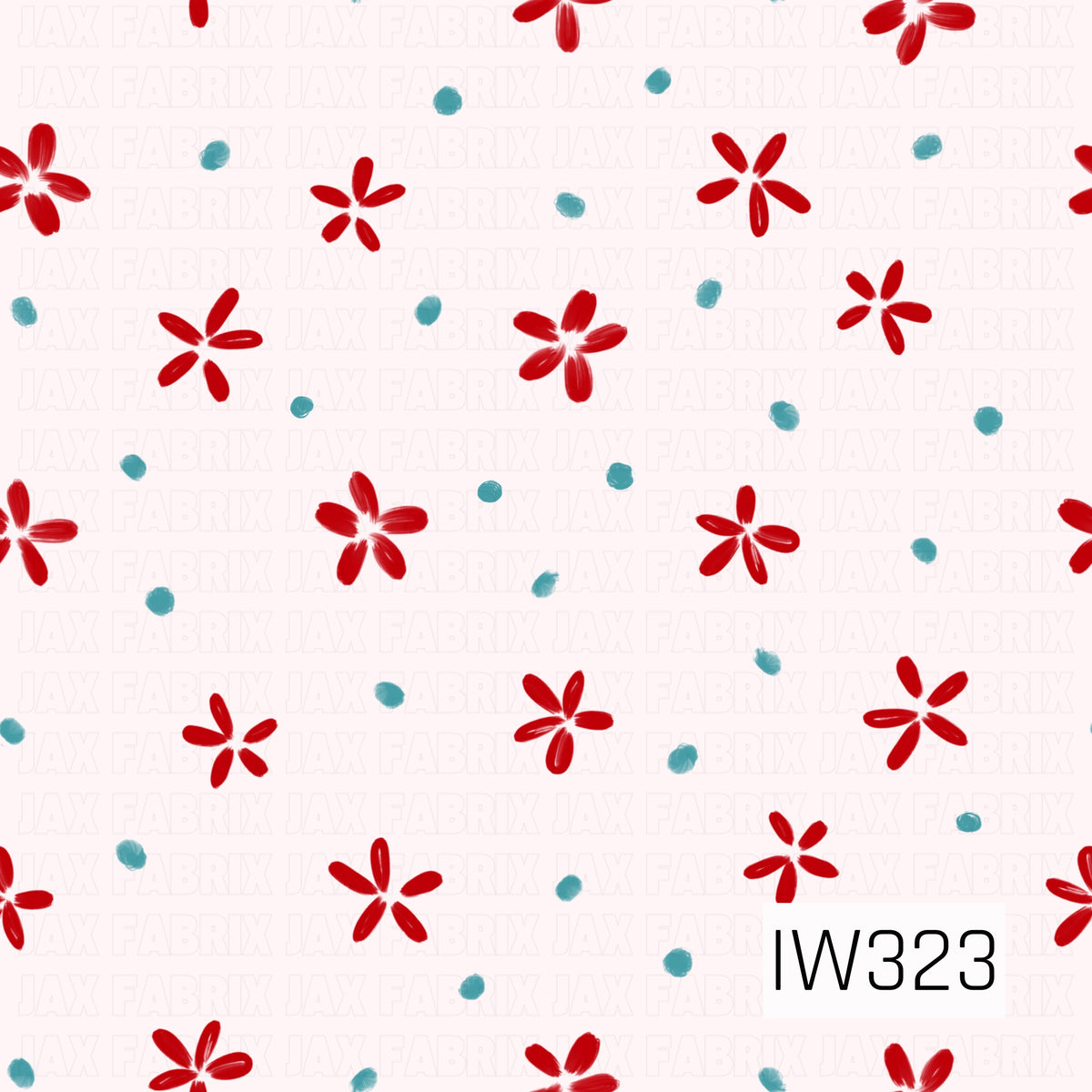 A playful floral pattern featuring scattered bright red five-petal daisies and tiny turquoise blue dots on a soft ivory background. The hand-painted brushstroke details add a sweet, whimsical touch with a cheerful retro feel.