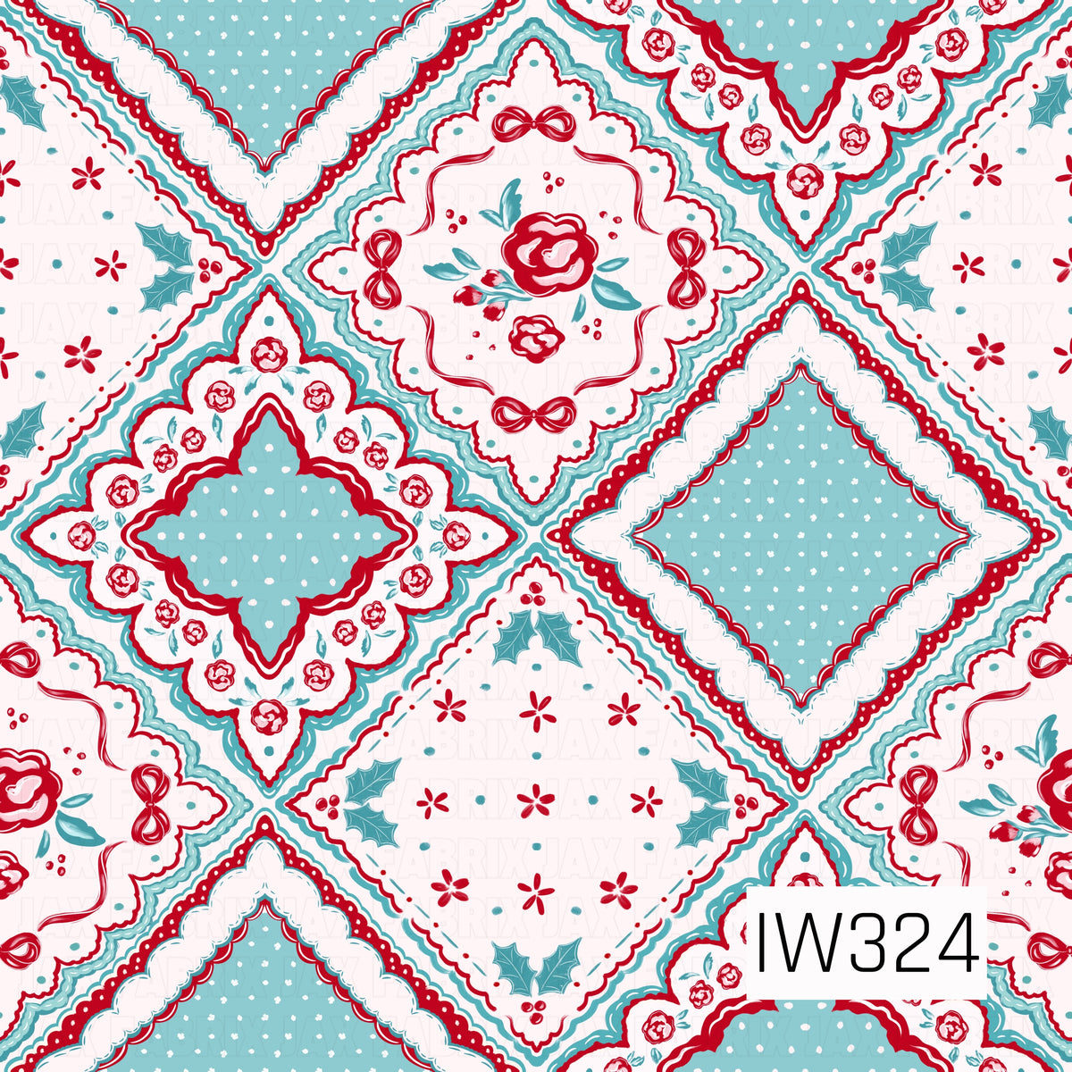 A charming vintage-inspired Christmas patchwork featuring ornate diamond-shaped blocks filled with red roses, delicate bows, holly leaves, tiny florals, and polka dots. Scalloped lace-like borders in bright red, turquoise blue, and ivory give this design a sweet, nostalgic holiday feel.