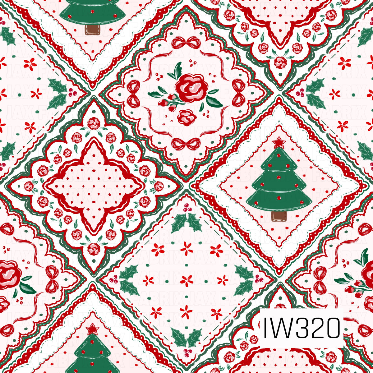 A charming vintage-inspired Christmas patchwork featuring ornate diamond-shaped blocks filled with red roses, delicate bows, holly leaves, tiny florals, polka dots, and muted green plaid. Scalloped borders and lace-like details in classic red, sage green, and ivory give this design a cozy, nostalgic holiday feel.