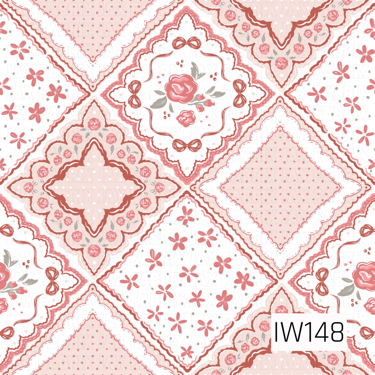 A charming vintage-inspired patchwork pattern featuring ornate diamond-shaped motifs in dusty rose, muted terracotta, blush pink, and warm ivory. Each section is decorated with delicate roses, tiny florals, dainty bows, and intricate scalloped lace borders. The repeating arrangement creates a romantic, heirloom-inspired design with a soft, feminine cottagecore feel.