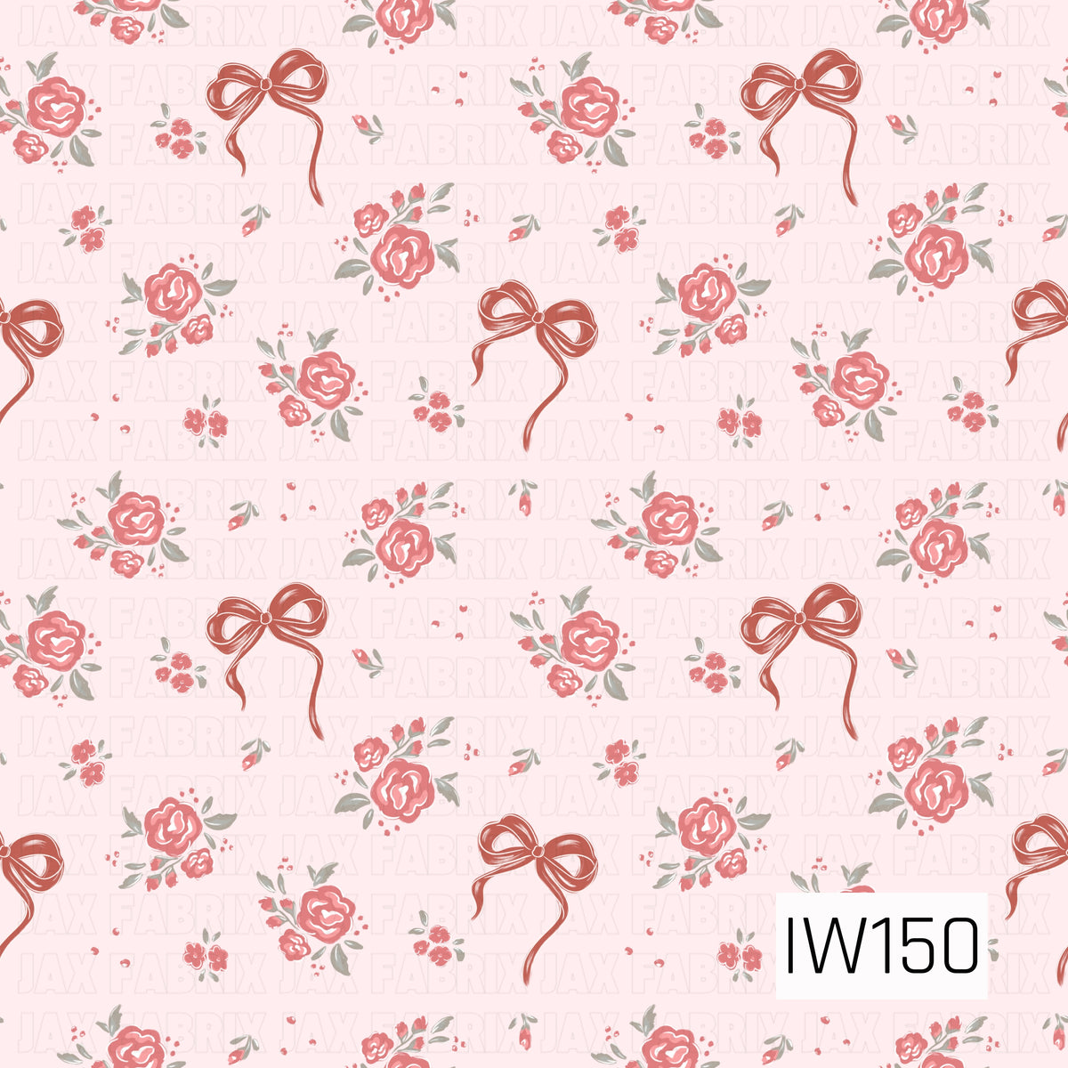 A delicate coquette-inspired seamless pattern featuring vintage-style dusty rose florals, tiny blossoms, and muted sage green leaves scattered across a soft blush pink background. Dainty rust-colored ribbon bows with flowing tails add a sweet, feminine touch, creating a romantic design with a charming vintage feel.