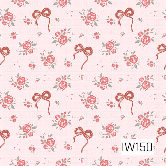 A delicate coquette-inspired seamless pattern featuring vintage-style dusty rose florals, tiny blossoms, and muted sage green leaves scattered across a soft blush pink background. Dainty rust-colored ribbon bows with flowing tails add a sweet, feminine touch, creating a romantic design with a charming vintage feel.