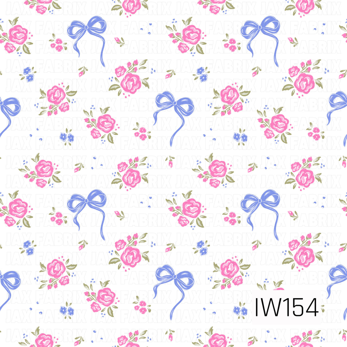 A sweet and feminine floral pattern featuring clusters of bright pink roses, delicate blue blossoms, and soft olive green leaves scattered across a crisp white background. Dainty periwinkle blue ribbon bows with flowing tails are mixed throughout, along with tiny floral buds and dotted accents, creating a charming vintage-inspired design with a playful coquette feel.