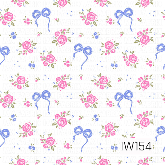A sweet and feminine floral pattern featuring clusters of bright pink roses, delicate blue blossoms, and soft olive green leaves scattered across a crisp white background. Dainty periwinkle blue ribbon bows with flowing tails are mixed throughout, along with tiny floral buds and dotted accents, creating a charming vintage-inspired design with a playful coquette feel.