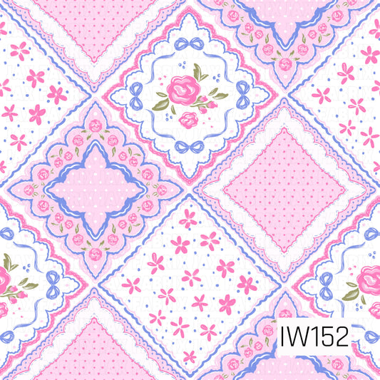 A charming vintage-inspired patchwork pattern featuring ornate diamond-shaped motifs in shades of bright pink, soft blush, periwinkle blue, and white. Delicate pink roses, dainty florals, scalloped lace borders, tiny bows, and dotted accents fill each decorative section, creating a sweet, feminine design with a romantic cottagecore feel.