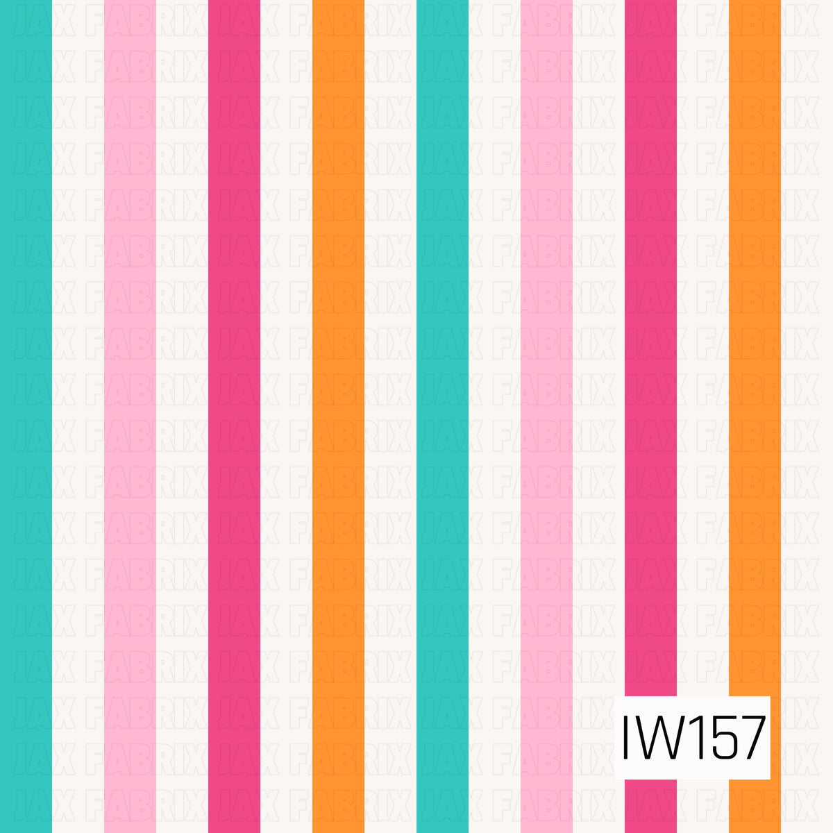 A bold and playful vertical stripe pattern featuring evenly spaced bands of vibrant turquoise, soft pink, hot pink, bright orange, and crisp white. The cheerful mix of tropical colors creates a fun, retro-inspired design with a fresh, preppy summer feel.