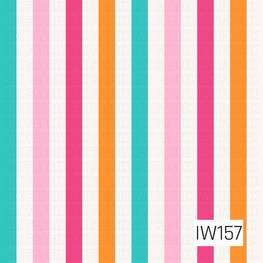 A bold and playful vertical stripe pattern featuring evenly spaced bands of vibrant turquoise, soft pink, hot pink, bright orange, and crisp white. The cheerful mix of tropical colors creates a fun, retro-inspired design with a fresh, preppy summer feel.
