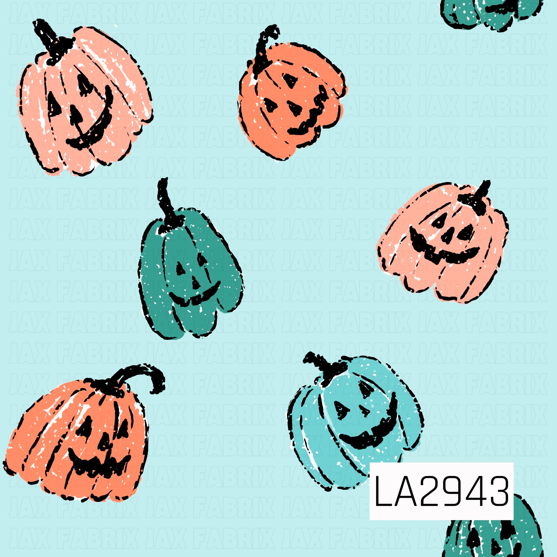 A playful seamless pattern featuring hand-drawn smiling jack-o'-lanterns in shades of peach, orange, and aqua scattered across a soft aqua background. The sketch-style artwork and cheerful expressions give this Halloween design a whimsical, vintage-inspired feel with a fun pop of color.
