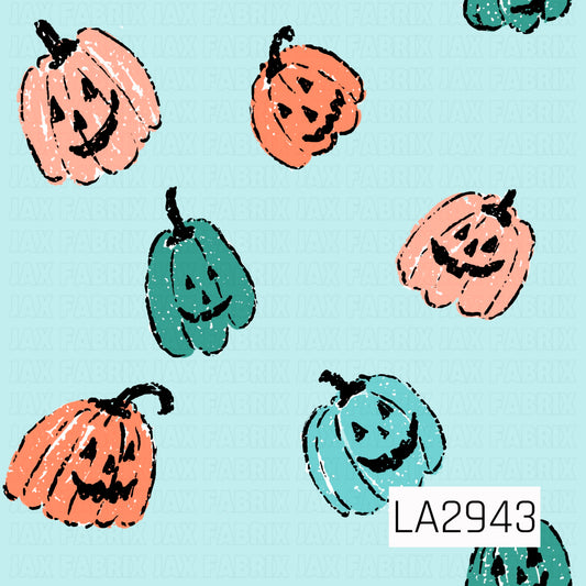 A playful seamless pattern featuring hand-drawn smiling jack-o'-lanterns in shades of peach, orange, and aqua scattered across a soft aqua background. The sketch-style artwork and cheerful expressions give this Halloween design a whimsical, vintage-inspired feel with a fun pop of color.
