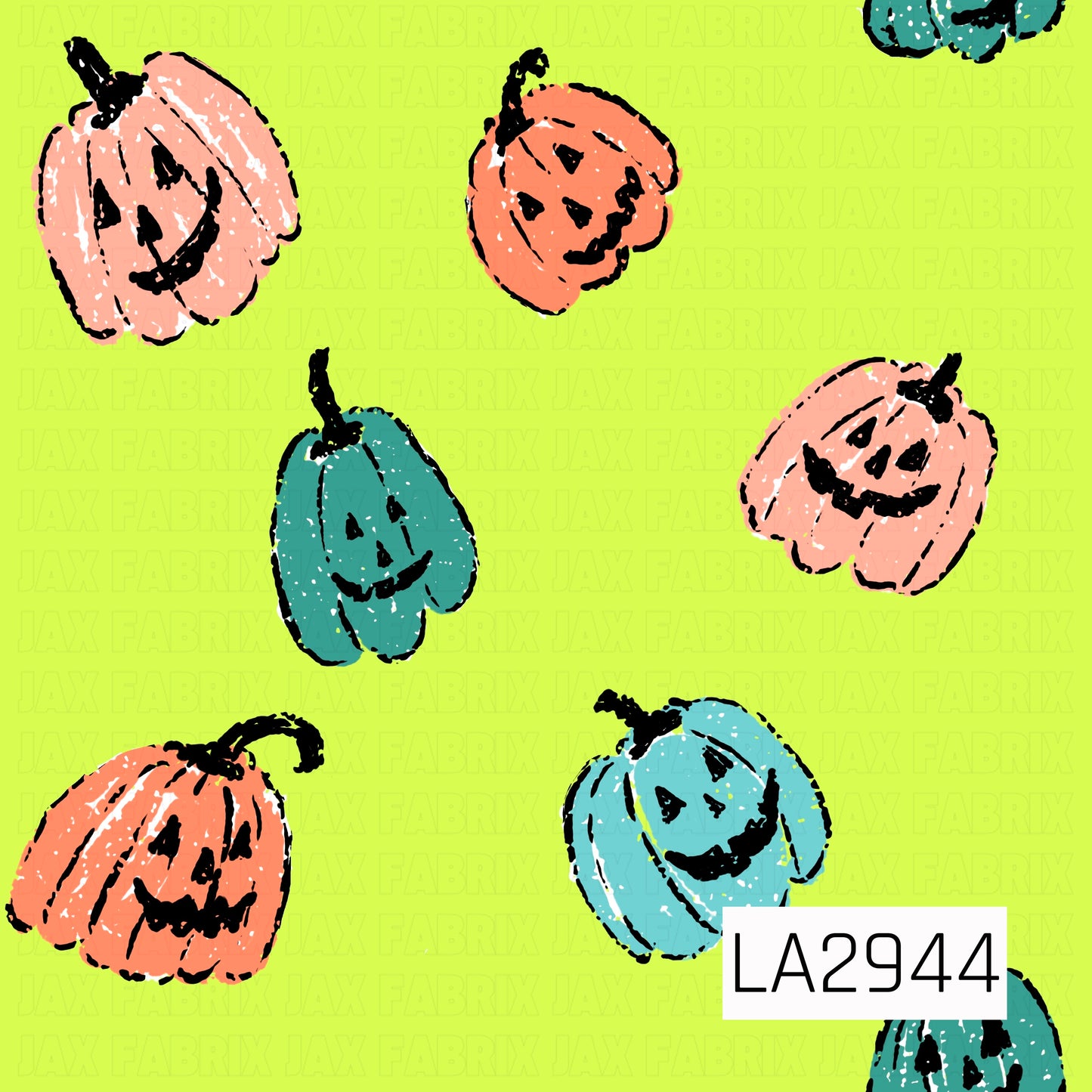 A playful seamless pattern featuring hand-drawn smiling jack-o'-lanterns in shades of peach, orange, and aqua scattered across a bright chartreuse background. The sketch-style artwork and cheerful expressions give this Halloween design a bold, whimsical feel with a fun retro-inspired color palette.

