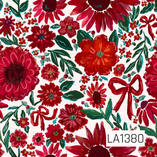 A bold hand-painted floral design featuring vibrant red, pink, and orange blooms on a crisp white background. Deep green and teal leafy stems are scattered throughout with tiny coordinating florals, festive red bows, and crosses accented with bows. Textured brushstrokes and sketch-style details give the design a whimsical, artistic feel.
