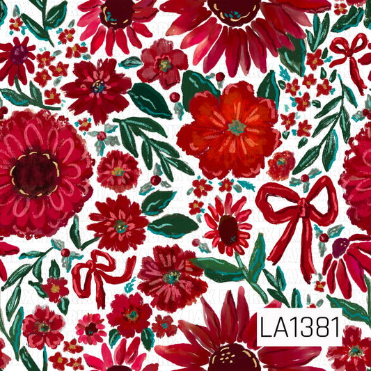A bold hand-painted floral design featuring vibrant red, burgundy, pink, and orange blooms on a crisp white background. Deep green and teal leafy stems are scattered throughout with clusters of tiny coordinating flowers, berries, and playful red bows. Textured brushstrokes and hand-drawn details give the design a whimsical, artistic feel.

