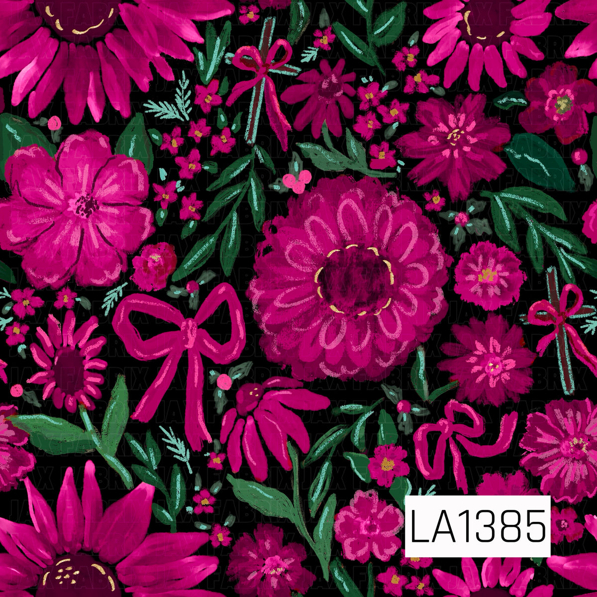A bold hand-painted floral design featuring vibrant shades of hot pink, fuchsia, and deep berry on a black background. Rich green and teal foliage is scattered throughout with tiny coordinating florals, berries, playful pink bows, and crosses accented with bows. Textured brushstrokes and hand-drawn details give the design a whimsical, artistic feel.
